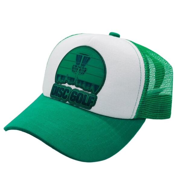 Disc Golf Leather Patch Hat Custom Trucker Hat Engraved Basket Wht/Kelly Green - Picture 1 of 8